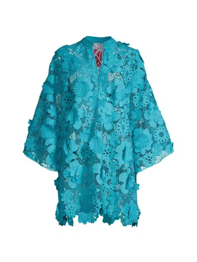 La Vie Style House Women's Floral-appliqué Mesh Mini Caftan In Turquoise