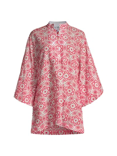 La Vie Style House Women's Geo-floral Eyelet Caftan Minidress In Red