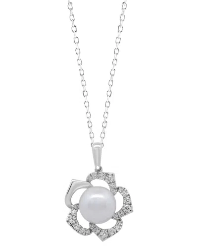 Lab Grown Gemstones Brilliant Bloom 14k 0.25 Ct. Tw. Lab-grown Diamond & 8mm Pearl Pendant In Metallic