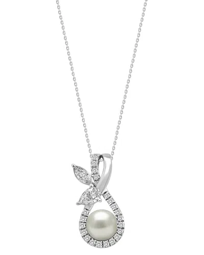 Lab Grown Gemstones Brilliant Bloom 14k 0.50 Ct. Tw. Lab-grown Diamond & 6.5mm Pearl Pendant In Silver