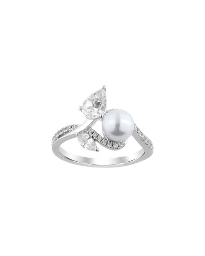 Lab Grown Gemstones Brilliant Bloom 14k 0.75 Ct. Tw. Lab-grown Diamond & 6mm Pearl Ring In Silver