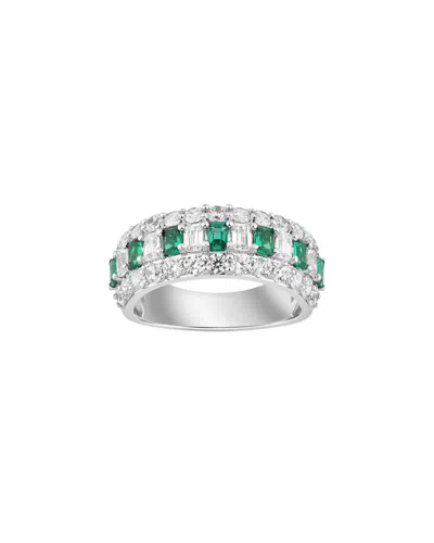 Lab Grown Gemstones Brilliant Bloom 14k 2.45 Ct. Tw. Lab-grown Diamond & Emerald Ring In Silver