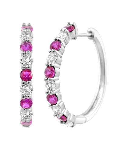 Lab Grown Gemstones Silver 0.60 Ct. Tw. Lab-grown Ruby Hoop Earrings In Metallic
