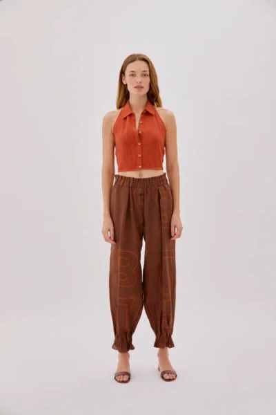 Labeca London Leah Linen Collared Crop Top In Orange
