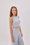 Labeca London Polly Dusty Linen Backless Crop Top In Blue