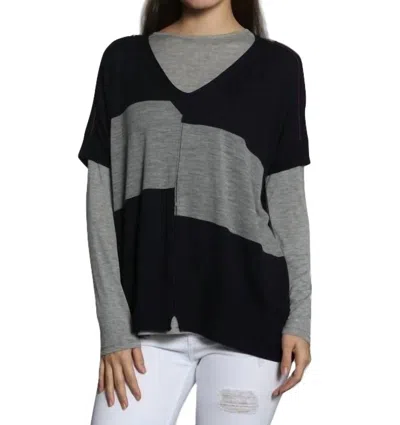 Label+thread Wide Chic Vee Poncho In Navy/grey In Blue