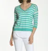 Label+thread Striped Swing V Neck Sweater In Turquoise/white In Green