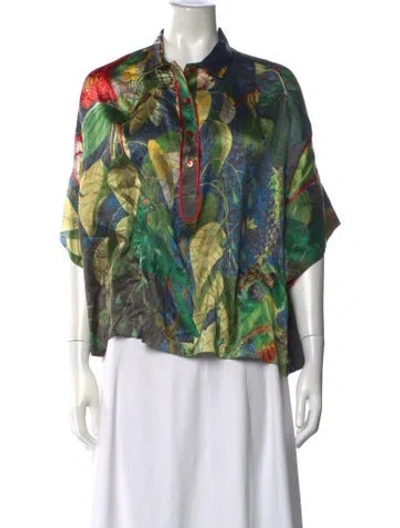 Pre-owned Laboratorio Capri Silk Floral Print Top In Green