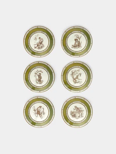 Laboratorio Paravicini Monkeys Ceramic Dessert Plates (set Of 6)  Abask Gift Set In Green