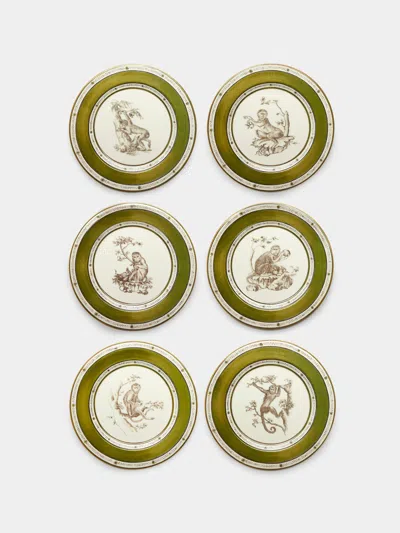 Laboratorio Paravicini Monkeys Ceramic Dinner Plates (set Of 6)  Abask Gift Set In Green