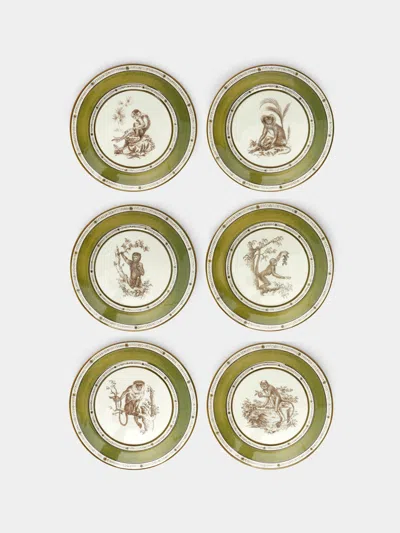 Laboratorio Paravicini Monkeys Ceramic Dinner Plates (set Of 6)  Abask Gift Set In Green