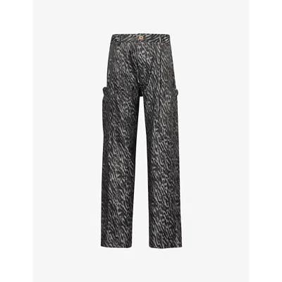 Labrum London Abstract-print High-rise Relaxed-fit Wide-leg Woven-blend Cargo Trousers In Black/silver