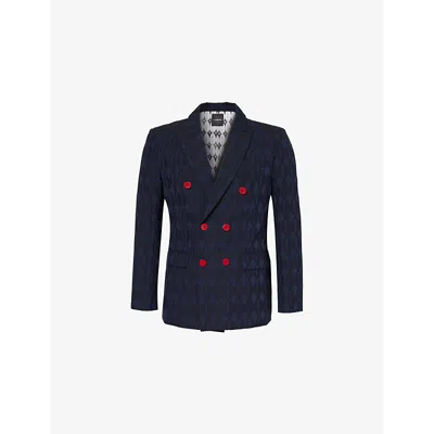 Labrum London Mens Vy Blue Monogram-print Double-breasted Relaxed-fit Cotton-blend Blazer In Navy Blue