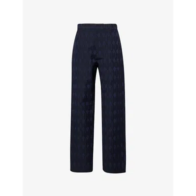 Labrum London Mens Vy Blue Monogram-print High-rise Straight-leg Relaxed-fit Cotton-blend Trousers In Navy Blue