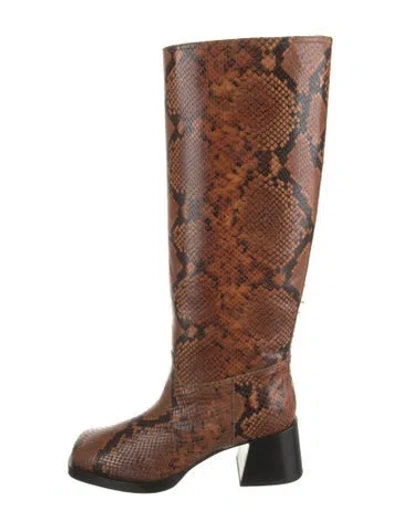 Pre-owned Labucq Embossed Leather Animal Print Riding Boots In Brown