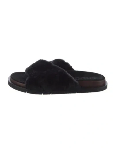 Pre-owned Labucq Faux Fur Slides In Black