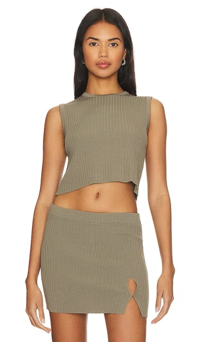 L'academie Idola Rib Top In Muted Olive Green