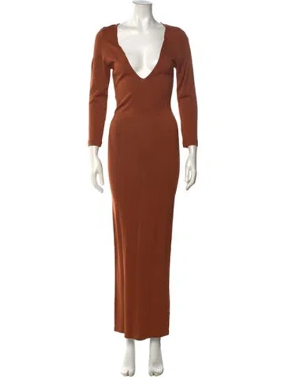 Pre-owned L'academie V-neck Long Dress In Brown