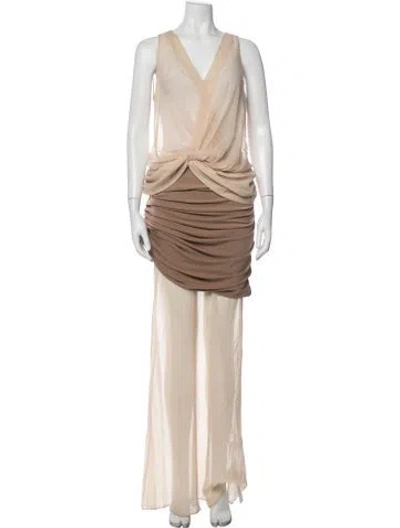 Pre-owned L'academie V-neck Long Dress In Neutrals