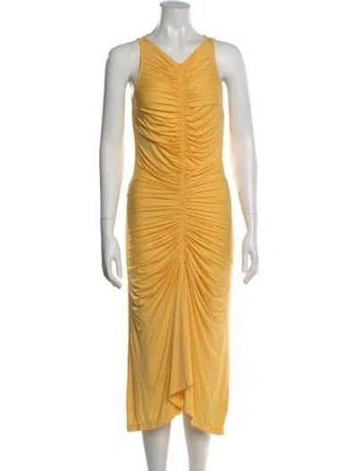 Pre-owned L'academie V-neck Midi Length Dress In Yellow