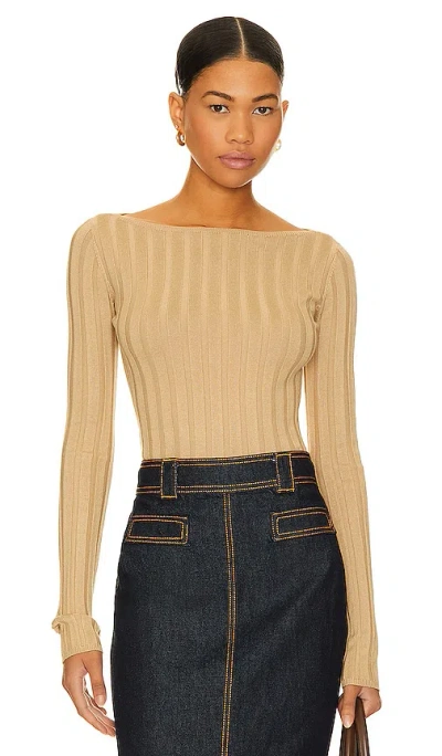 L'academie X Marianna Kayce Long Sleeve Rib Top In Beige