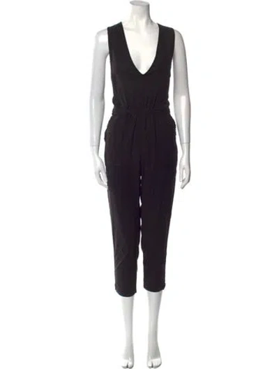 Pre-owned Lacausa Linen Plunge Neckline Jumpsuit In Blue