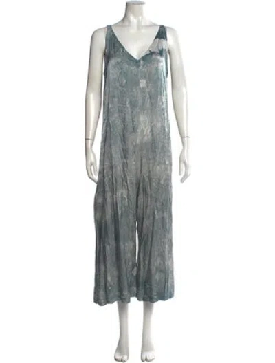 Pre-owned Lacausa Tie-dye Print V-neck Jumpsuit In Green
