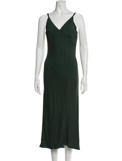 Pre-owned Lacausa V-neck Midi Length Dress In Green