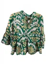 Lace 3/4 Sleeve Trumpet Sleeve Top In Jade In Blue