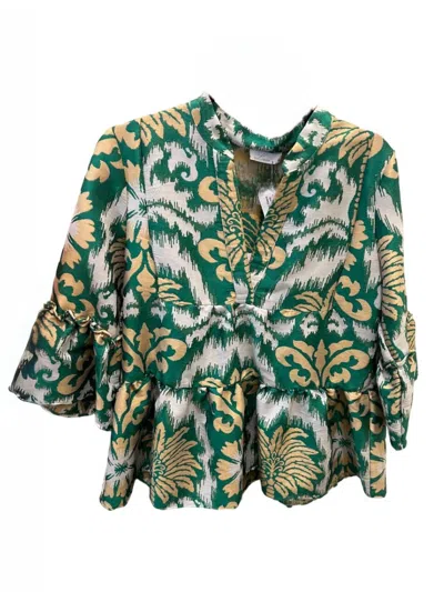 Lace 3/4 Sleeve Trumpet Sleeve Top In Jade In Blue