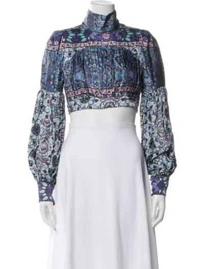 Pre-owned Lace The Label Printed Mock Neck Crop Top In Blue