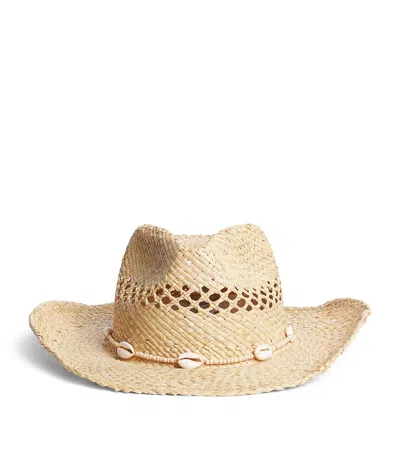 Lack Of Color Raffia Seashell-embellished Cowboy Hat In Brown