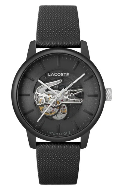 Lacoste 12.12 Automatique Leather Strap Watch, 44mm In Black
