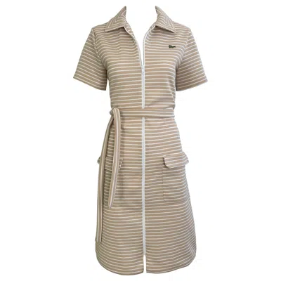 Pre-owned Lacoste 1970s  Knit Zip Front Vintage 70s Knit Shirt Dress Khaki Striped Belted In Brown