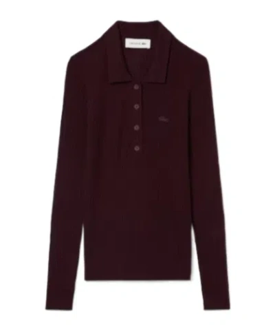 Lacoste 3d Knit Merino Wool Polo Collar Sweater In Burgundy