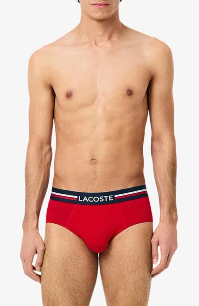 Lacoste Assorted 3-pack Stretch Cotton Briefs In Navy Blue/silver Chine/red