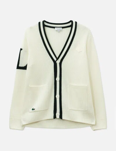 Lacoste Badge Accent Wool Blend Golf Cardigan In White