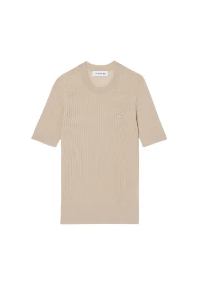 Lacoste Beige Short Sleeve Ribbed Knit Top In Neutral