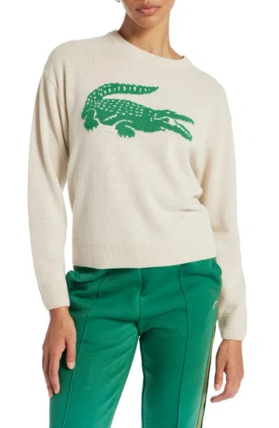 Lacoste Big Croc Cashmere & Wool Crewneck Sweater In Flour/roquette