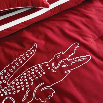 Lacoste Big Croc Cotton 3-piece Comforter Set – Red, 100% Cotton Percale, Reversible Bedding Set With Embroi