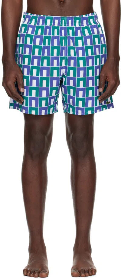 Lacoste Blue & Green Printed Swim Shorts In Mascarpone