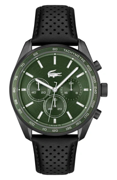 Lacoste Men's Boston Chronograph Black Leather Strap Watch 42mm In Black/green