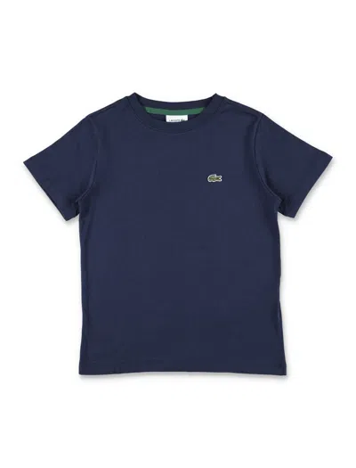 Lacoste Boys Cotton T-shirt With Logo Embroidery In Blu