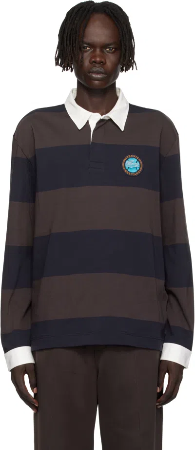 Lacoste Brown & Navy Relaxed Fit Striped Rugby Polo