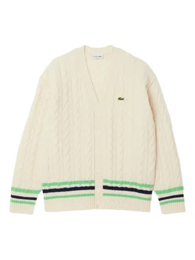 Lacoste Cable-knit Stripe-detail Cardigan In White