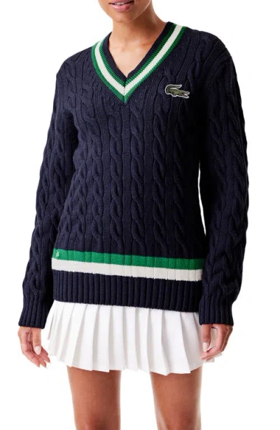 Lacoste Cable Knit Wool Blend Tennis Sweater In Blue