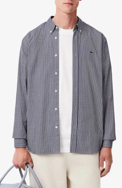 Lacoste Checker Cotton Pinpoint Button-down Shirt In Gray