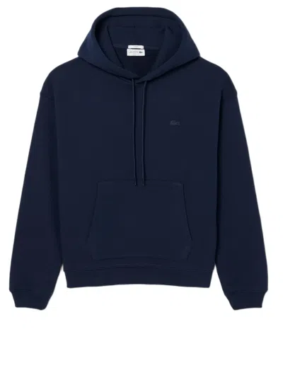 Lacoste Classic Fit Blue Cotton Fleece Hoodie With Adjustable Drawstring
