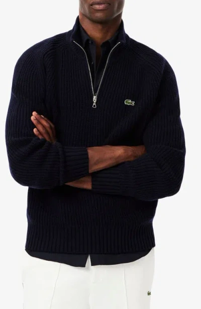 Lacoste Zip-up Turtleneck Pullover With Signature Detail In Blue