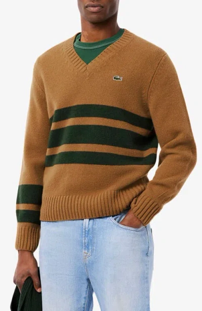 Lacoste Classic Stripe Wool V-neck Sweater In Brown